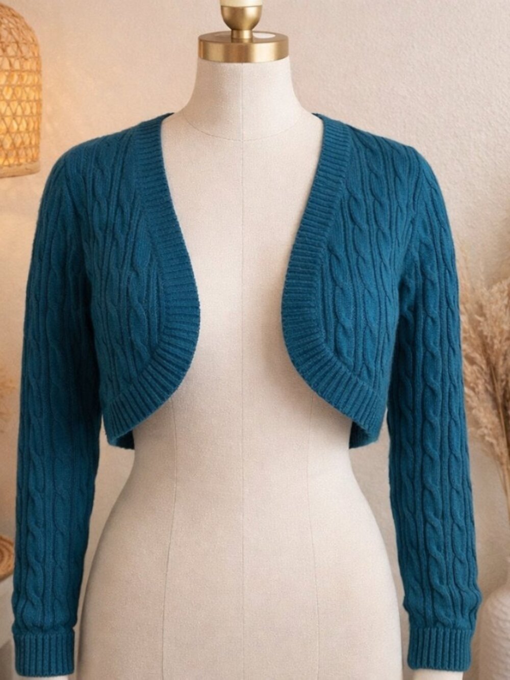 Vintage Ellemenno Cropped Cable Knit Sweater M Teal Coquette Balletcore Preppy